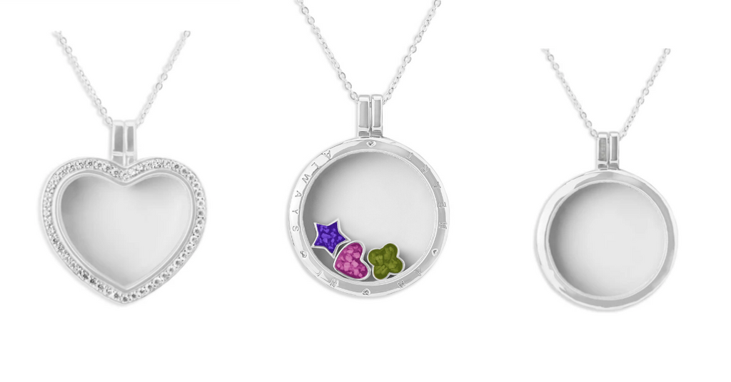 Glass lockets with elements containing ashes set in resin