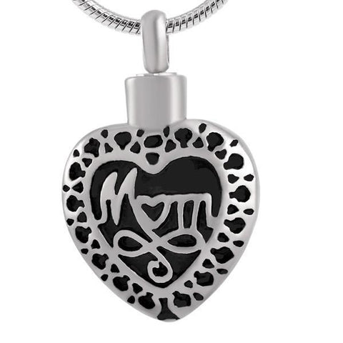 Black Mom Heart Memorial Ash Keepsake Cremation Pendant - Cherished Urns