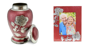 Matching cremation urns, photo frames, and tealights