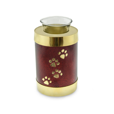 Paw Print Red/Brass Paw Print Tea Light Pet Cremation Urn - Cherished Urns
