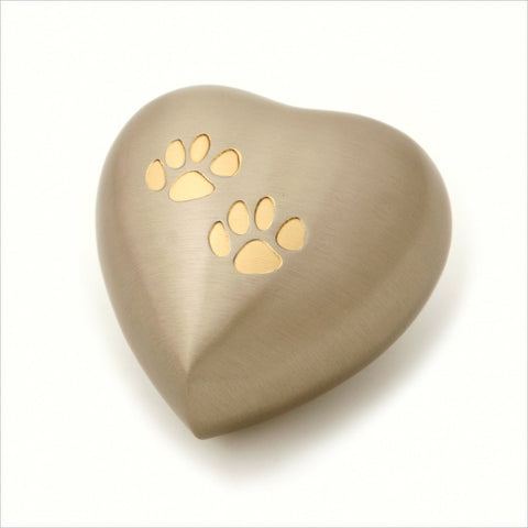 Brass Heart Keepsake Pet Urn with Two Paw Prints- 3.5-inches - Pewter, in Presentation Box - Cherished Urns
