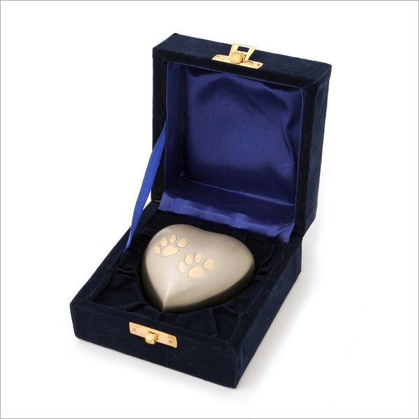 Brass Heart Keepsake Pet Urn with Two Paw Prints- 3-inches - Pewter, in Presentation Box - Cherished Urns