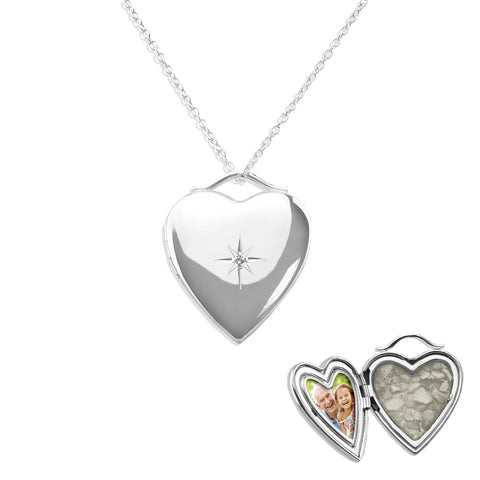 Shining Star Heart Shaped Sterling Silver Cremation Ashes Locket - Cherished Urns