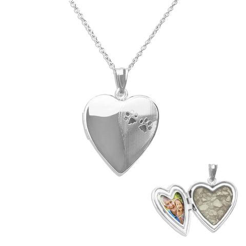 Paw Print Heart Shaped Sterling Silver Cremation Ashes Locket - Cherished Urns