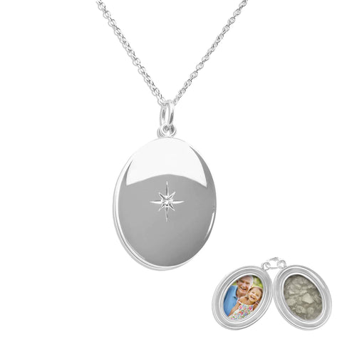 Shining Star Oval Shaped Sterling Silver Cremation Ashes Locket - Cherished Urns